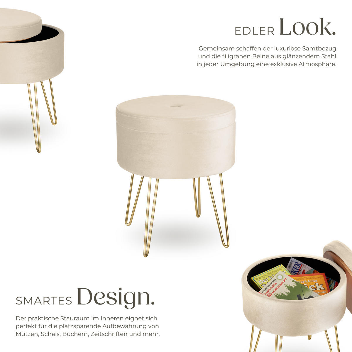 SITZHOCKER mit Stauraum Ava,37,5 x 44,5 cm,creme - Creme, Holz (37.5/44.5/37.5cm) - tectake