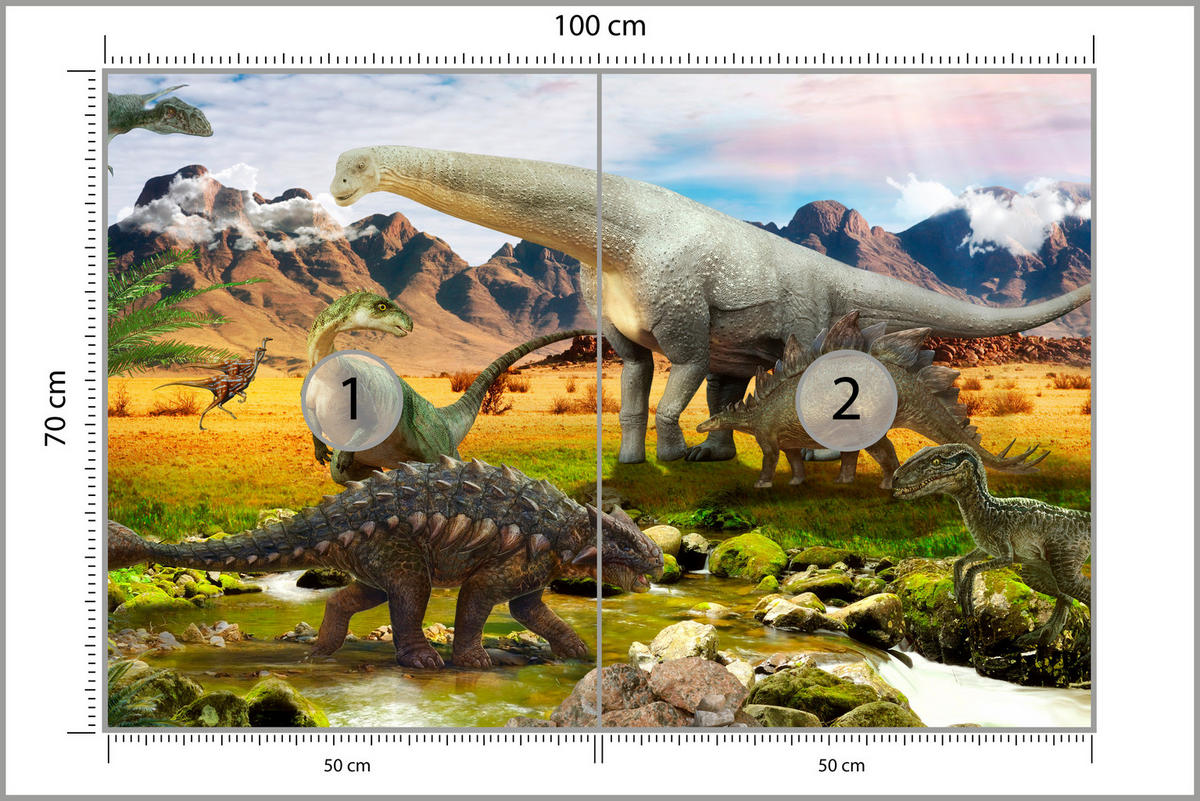 FOTOTAPETE für Kinderzimmer Dinosaurier Berge aus Felsen Bäume 100x70 - Multicolor, Papier (100/70cm) - Muralo