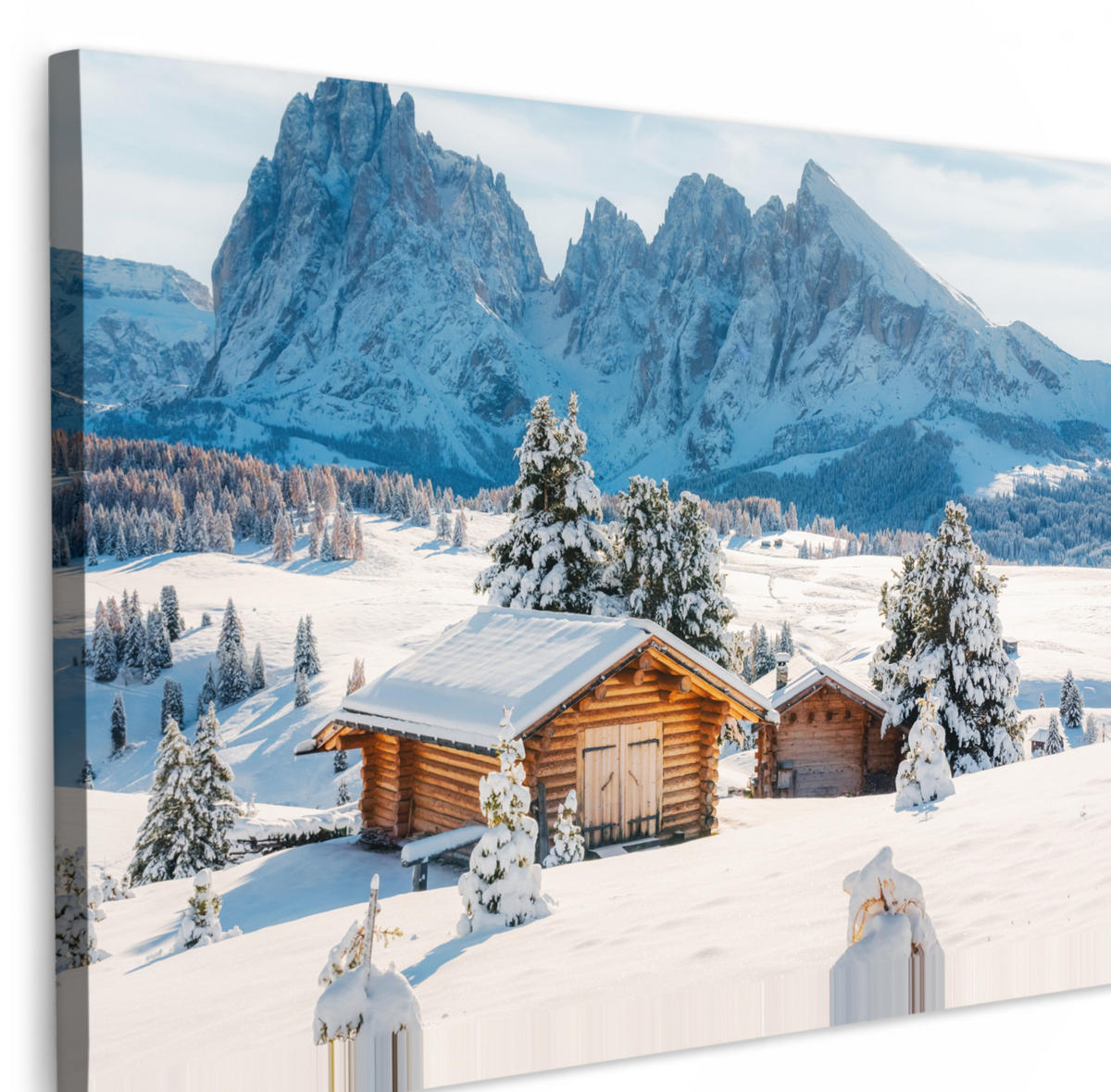 LEINWANDBILD Winter - Hütte - Berge - Aussicht - Schnee Groß 140x90 cm - Eichefarben, Textil (140/90cm) - MuchoWow