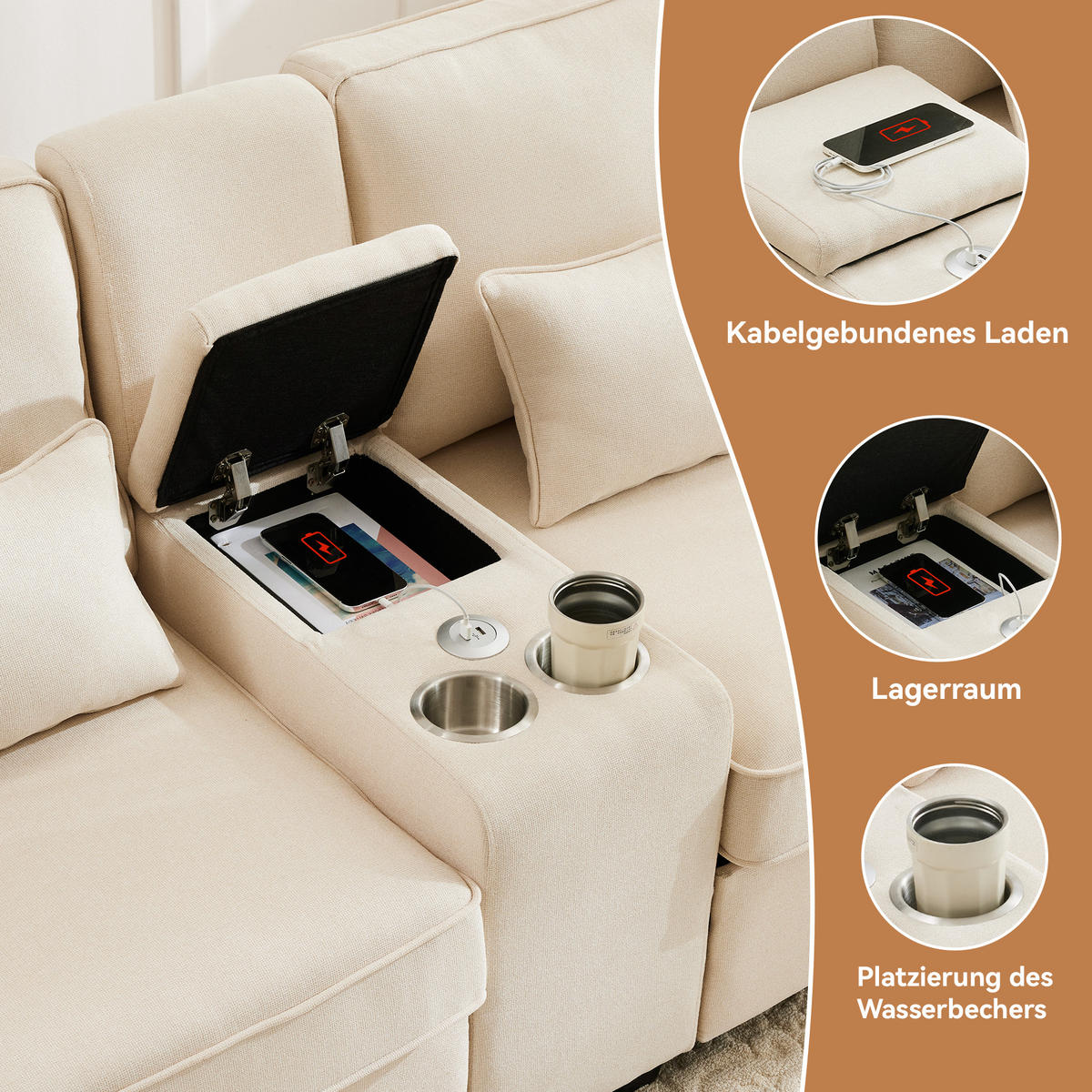 4-SITZER Sofa Leinenstoff mit Konsole USB-Anschluss und 2 Getränkehaltern 290/83/88 cm Beige - Beige, Textil (88/290/83cm) - Redom