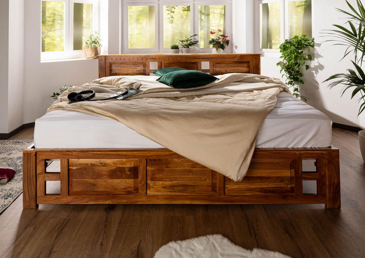 BETT Massivholz Akazie 200 x 200 x 90 hellbraun OXFORD #0254 - Braun, Holz (200/200cm) - Massivmoebel24