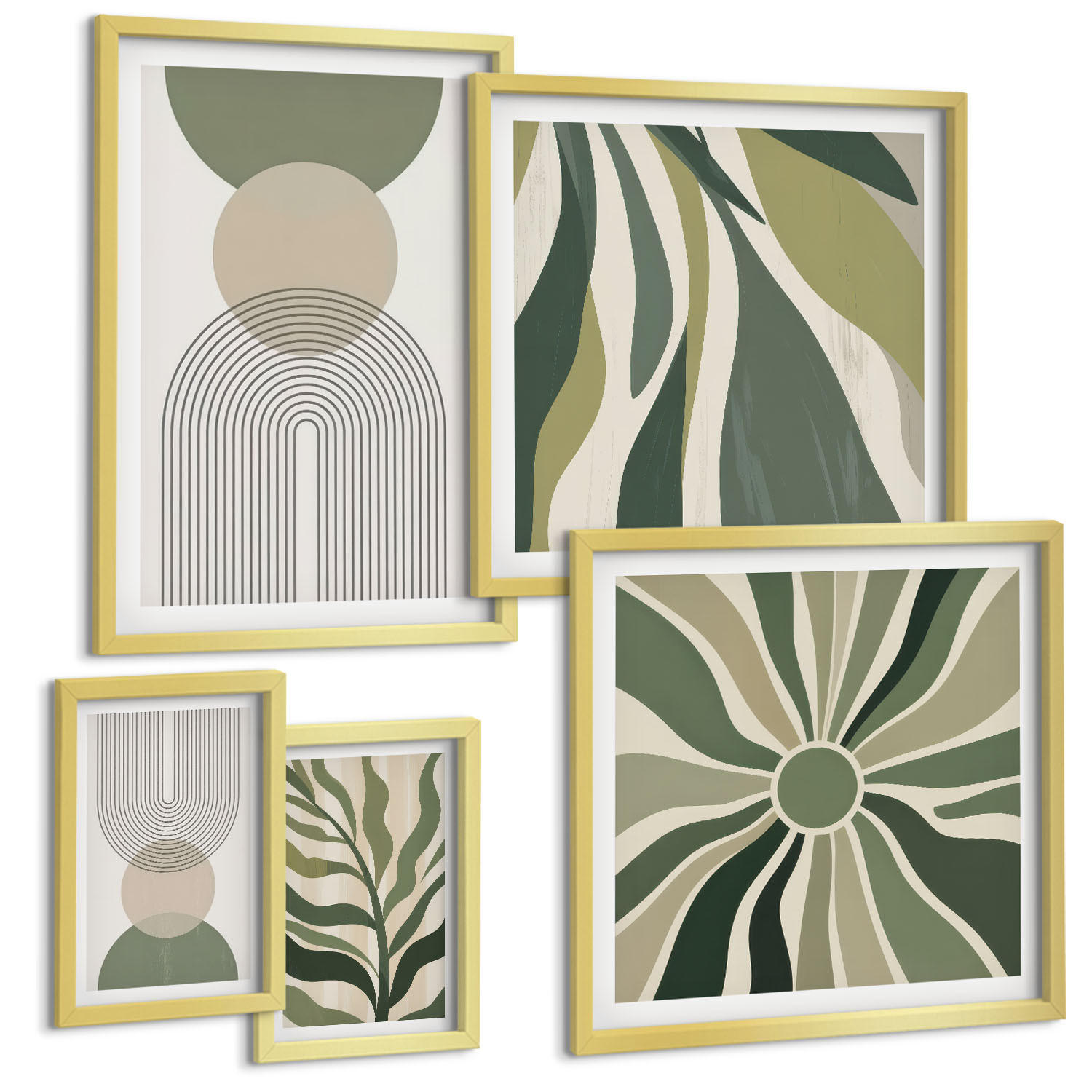 BILDER SET 5er Set - 50x50 cm & 20x30 cm & 40x60 cm Goldrahmen - Bemalte Blätter mit Grün - Goldfarben, Kunststoff (40/60cm) - TULUP