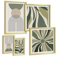 BILDER SET 5er Set - 50x50 cm & 20x30 cm & 40x60 cm Goldrahmen - Bemalte Blätter mit Grün - Goldfarben, Kunststoff (40/60cm) - TULUP