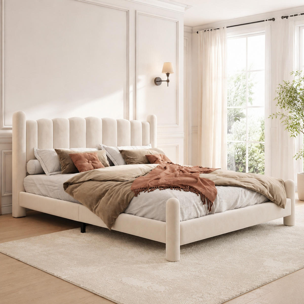 POLSTERBETT 180/200 cm in Beige Samt mit Lattenrost und Wellen-Kopfteil - Beige, Holzwerkstoff/Textil (180/200cm) - CHICFURN
