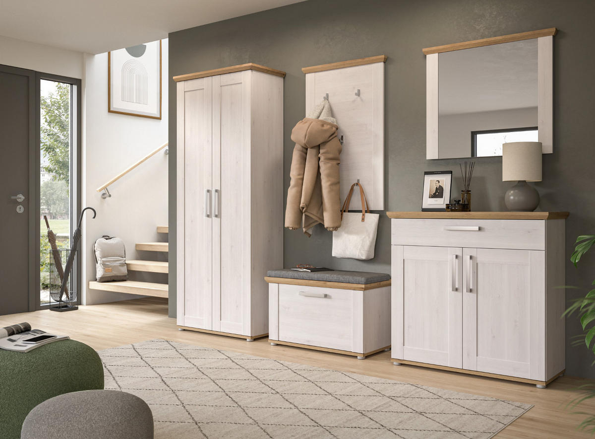 GARDEROBE Set 5-teilig weiß Lärche 285 cm, Komplettset im Landhaus-Stil - Silberfarben/Weiß, Glas/Holzwerkstoff (285/196/39cm) - Inn.Furn