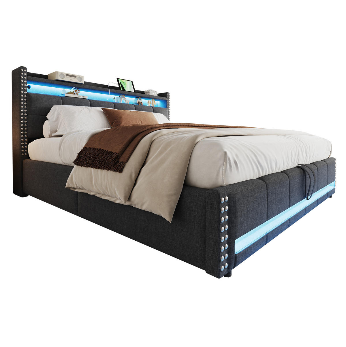 POLSTERBETT 180/200 cm mit LED-Beleuchtung, USB-Anschluss, hydraulischem Bettkasten und Leinenbezug, Grau - Grau, Textil (180/200cm) - Redom