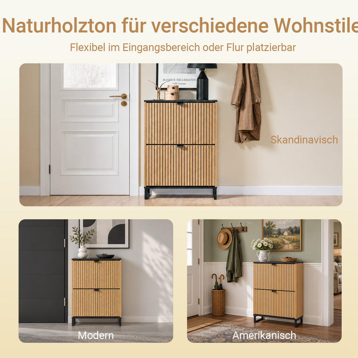 SCHUHSCHRANK Holzoptik & Schwarz mit Marmor - Naturfarben, Holzwerkstoff (60/88/24cm) - SoBuy
