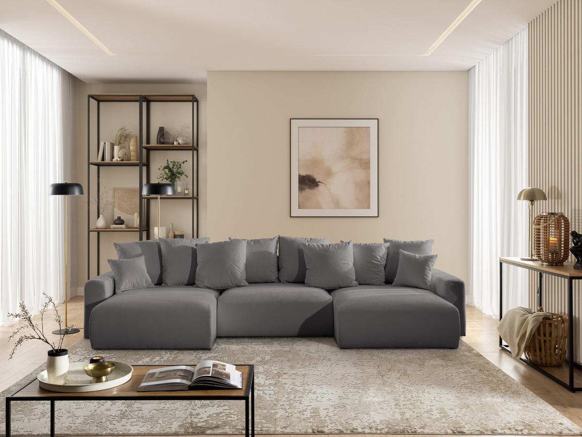 WOHNLANDSCHAFT Calma mit Schlaffunktion und Bettkasten im Bumpy-Design aus weichem Taupe Webstoff - Taupe/Schwarz, Holz/Textil (336/88/140cm) - S-Style