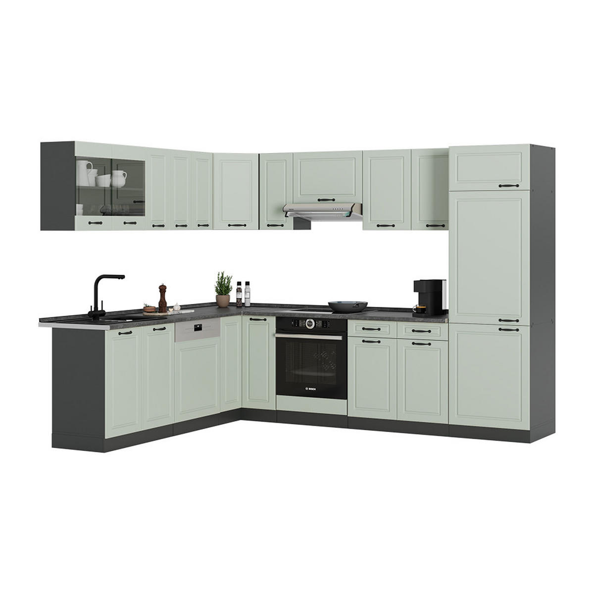 ECKKÜCHE R-Line, Mint Landhaus/Anthrazit, 287 x 227 cm - Anthrazit/Grün, Holzwerkstoff (287/206.8/46cm) - Vicco