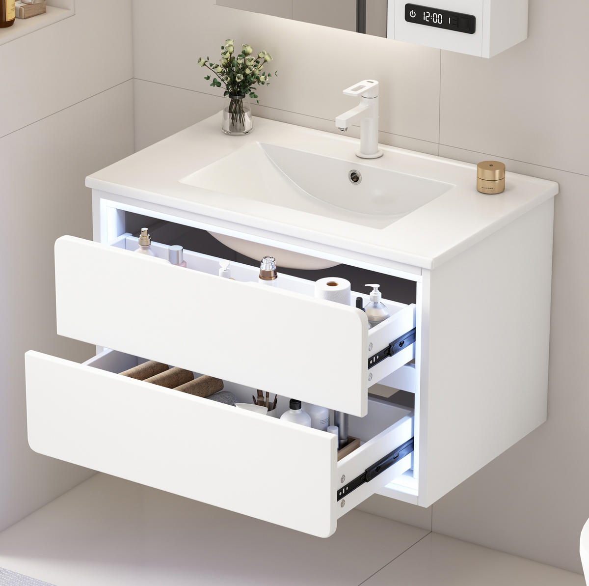 WASCHTISCHKOMBI 76/46/48,5 cm Weiß aus MDF und Keramik mit LED-Radarsensor-Beleuchtung - Weiß, Holzwerkstoff (76/58.5/46cm) - OKMYHOME