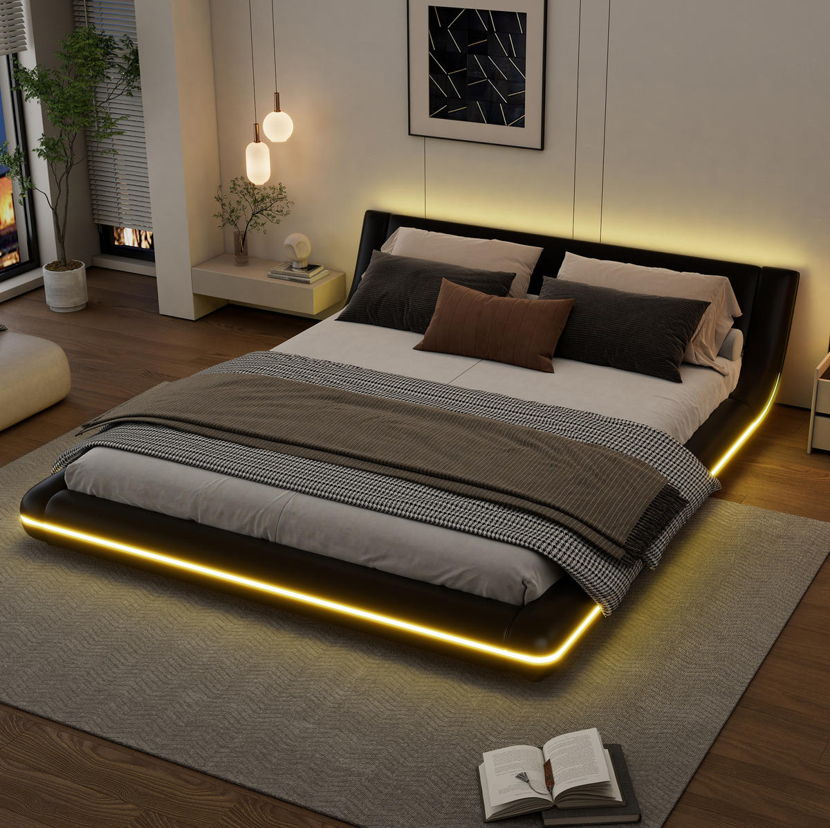 BETT aus PU und MDF 160x200 cm Schwarz mit LED-Beleuchtung, App-Steuerung und pflegeleichter Oberfläche - Schwarz, Kunststoff (160/200cm) - Modfu