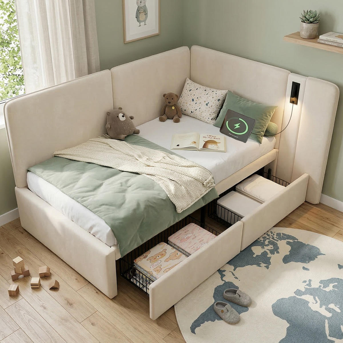 POLSTERBETT aus Samt 90x200 cm in Beige mit 2 Schubladen, USB-C & Leselampe - Beige, Textil (90/200cm) - Modfu