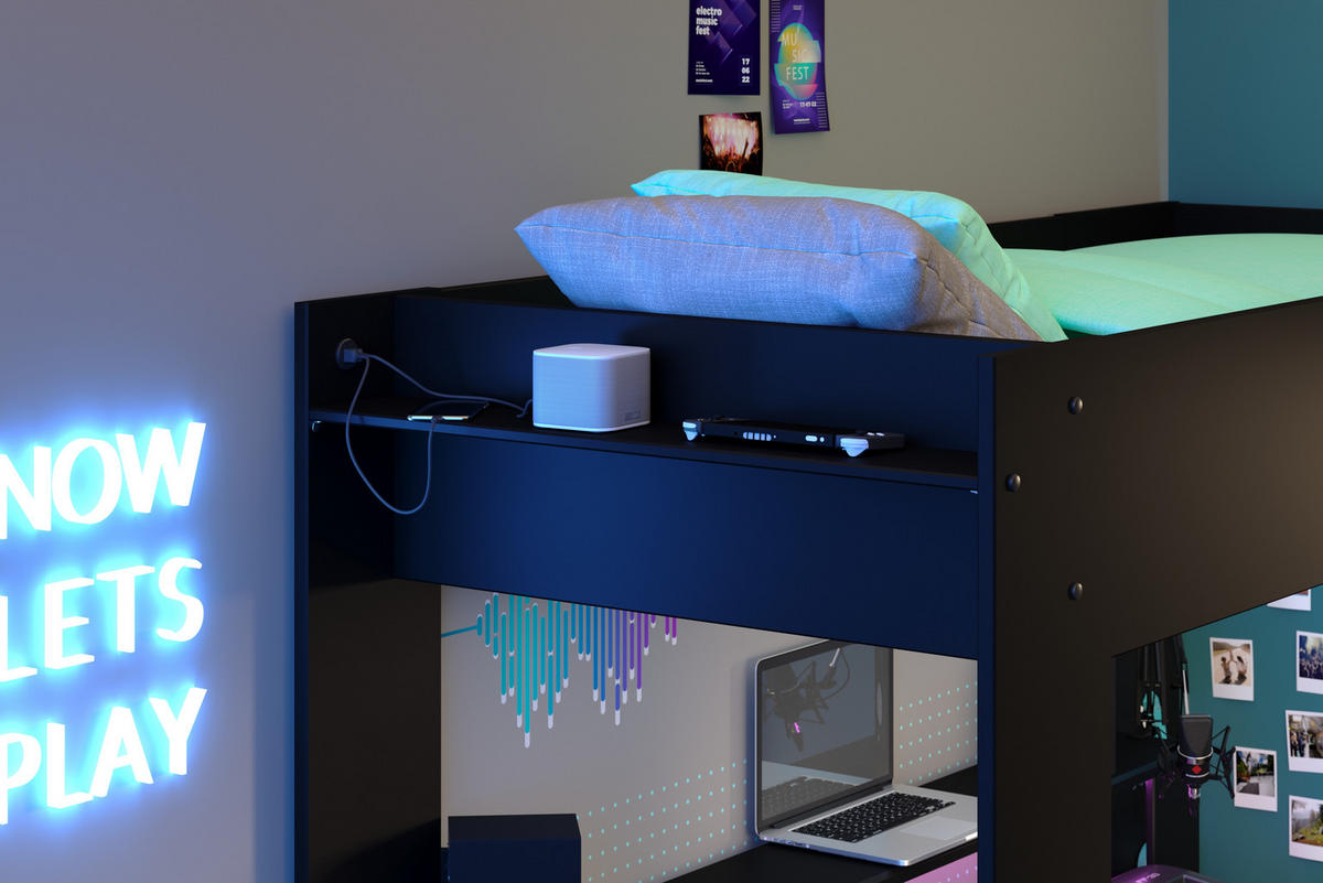 HOCHBETT Online 1 Gaming in Schwarz inklusive LED-Beleuchtung 90 x 200 cm mit Matratze - Schwarz, Holz (90/200cm) - Parisot Meuble