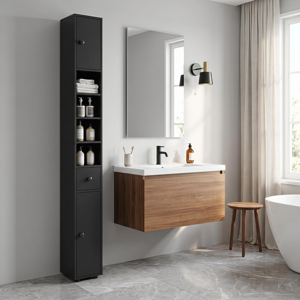 BADEZIMMERSCHRANK Spanplatte Schwarz - Schwarz, Karton/Holzwerkstoff (20/180/20cm) - Kleankin