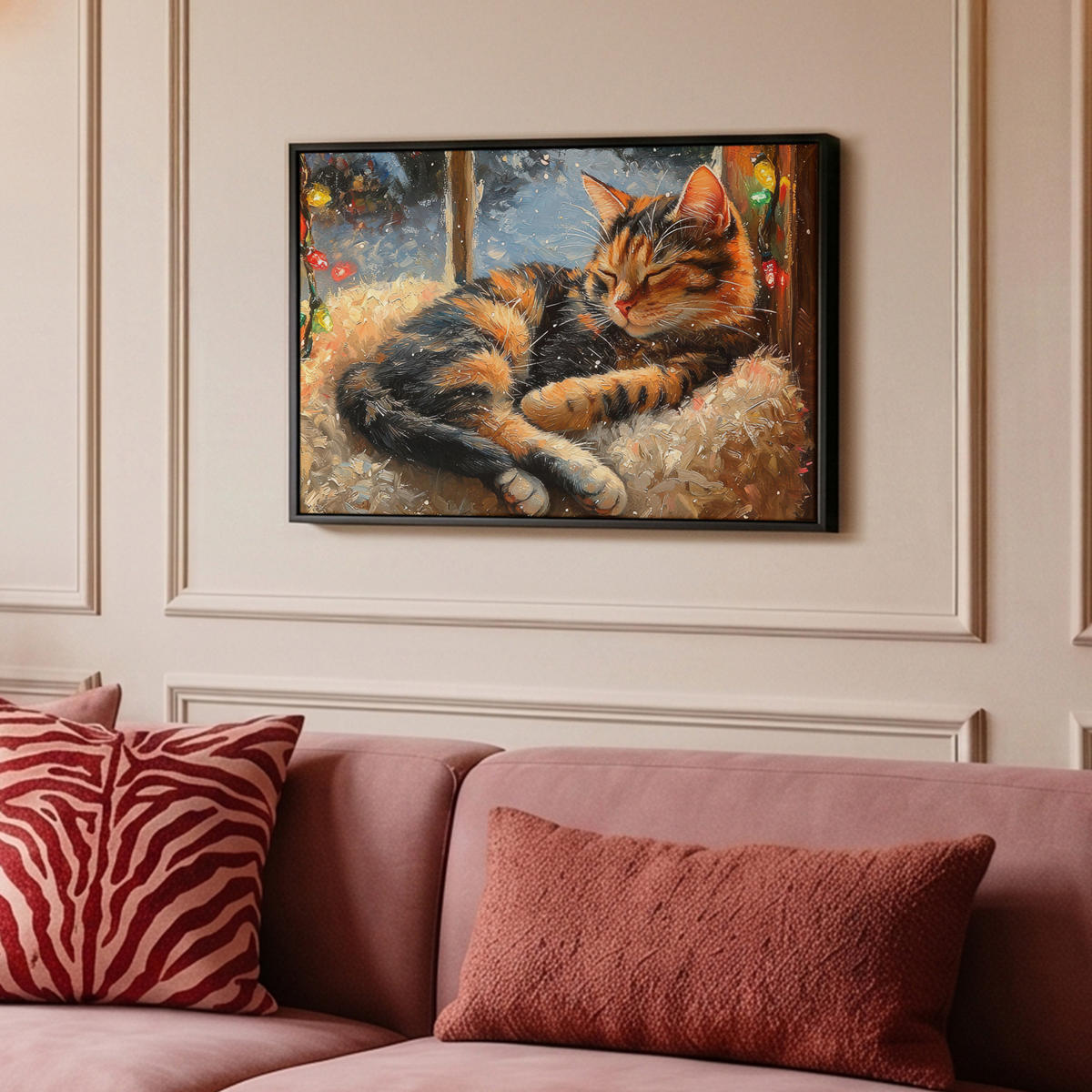 LEINWAND Bilder mit Rahmen - Katze - Weihnachten - Winter - Tier - 60x40 - Bernsteinfarben, Textil (60/40cm) - MuchoWow