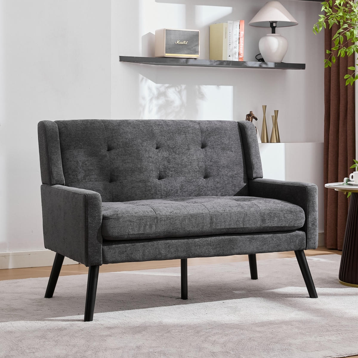 SITZBANK 2-Sitzer Leinenpolster mit Knopfsteppung, Massivholzbeinen 119/75/88 cm Dunkelgrau - Dunkelgrau, Textil (75/88/119cm) - Redom