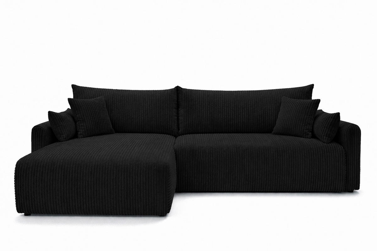 ECKSOFA Mit Schlaffunktion, Cordstoff Poso, Schwarz, Links, JAPANDI - Schwarz, Holz (262/145cm) - Kaiser Möbel