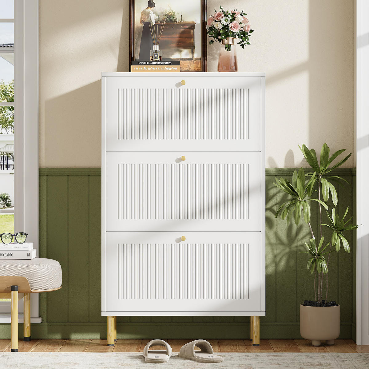 SCHUHSCHRANK aus MDF & Spanplatte 73x23x125cm in Weiß mit 3 Klapptüren - Weiß, Holzwerkstoff (73/125/23cm) - Modfu