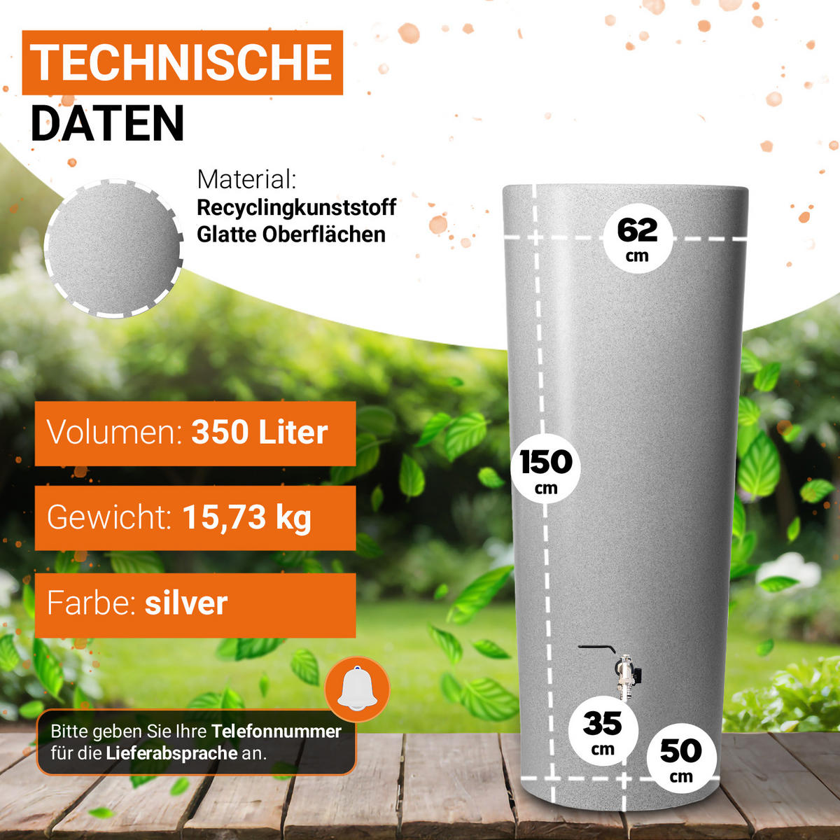 2IN1 Regentonne Komplett-Set 350 L, silver inkl. Chrom-Doppelauslaufhahn und Fallrohranschluss - Silberfarben, Kunststoff (62/150/80cm) - GARANTIA