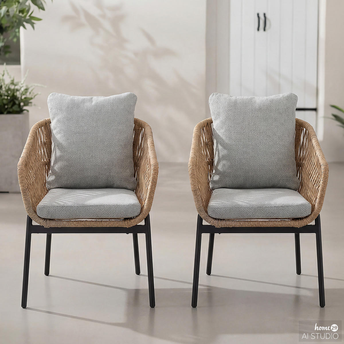 GARTENSTUHL - 2er-Set - Aluminium / Webstoff - Beige / Grau - Schwarz/Braun, Kunststoff/Textil (63/81/61cm) - home24