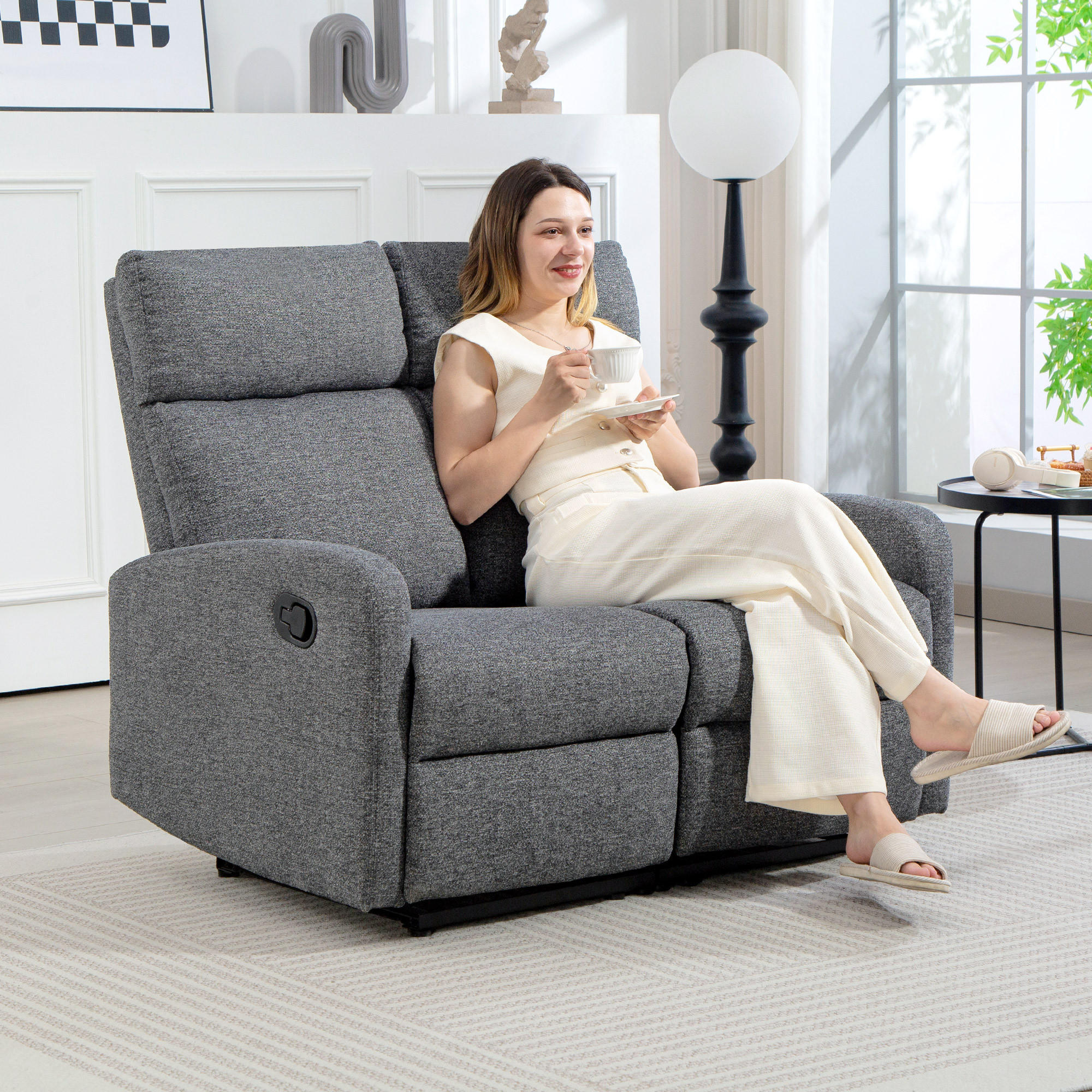 2-SITZER Relaxsessel Fernsehsessel Liegesessel mit Liegefunktion Chenille-Optik - Schwarz/Grau, Textil/Metall (91/98/114cm) - HOMCOM