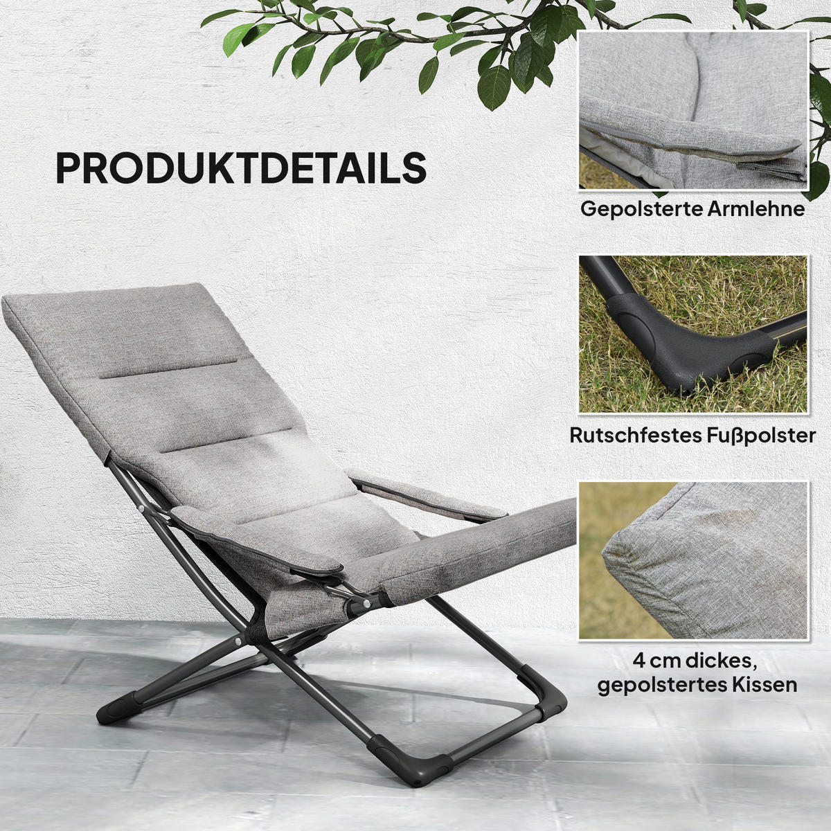 GARTENSTUHL DE-06871 Klappstuhl mit abnehmbarer Auflage und Mesh-Bezug Grau - Grau, Textil/Metall (94/79/66cm) - ComfortXL