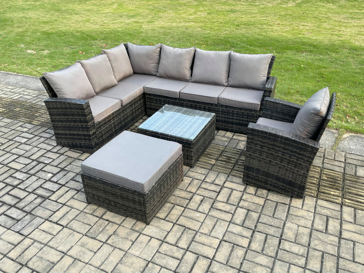 BALKONMÖBEL-SETS mit Ecksofa,Quadratischer Couchtisch,Hocker,Stuhl Polyrattan Dunkelgrau 8-Sitzer - Dunkelgrau/Grau, Glas/Kunststoff - Fimous