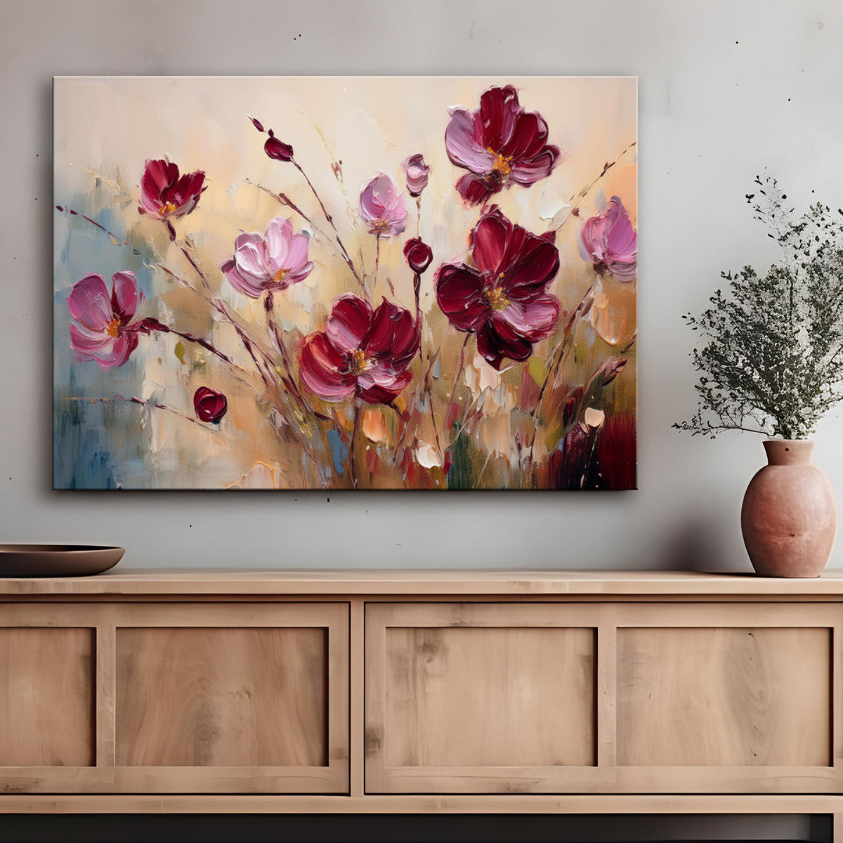 WANDBILD rot bemalte mohnblumen - Lila, Textil (60/40cm) - Feeby