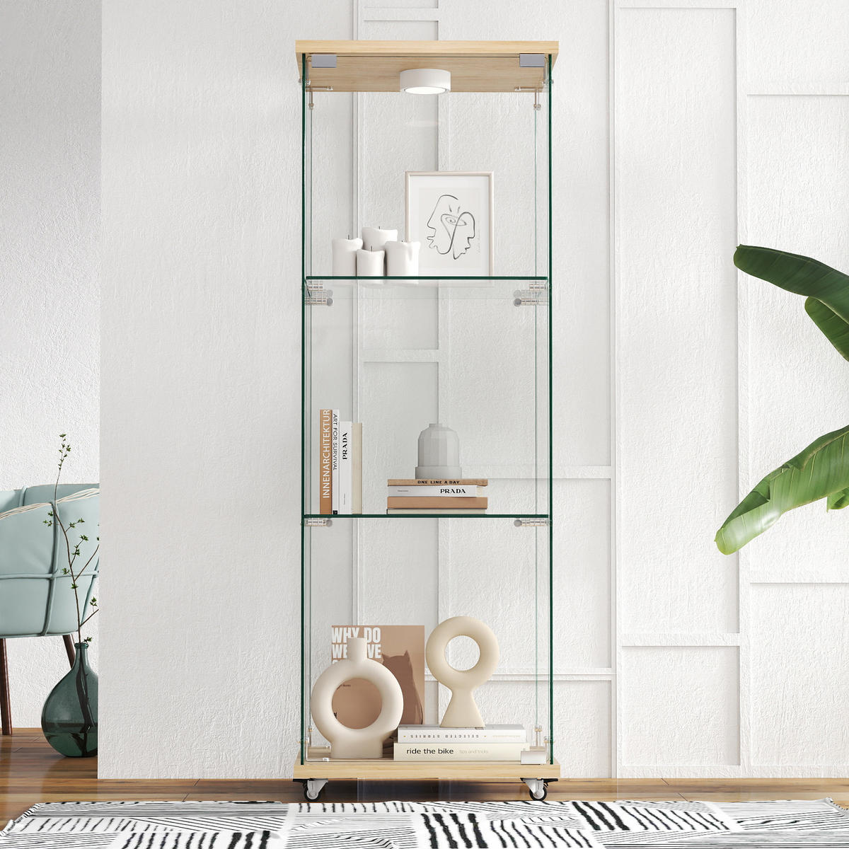 GLASVITRINE 36,5/42,5/120 cm naturfarben aus MDF und Glas mit LED-Beleuchtung - Naturfarben, Holzwerkstoff (42.5/120/36.5cm) - OKWISH