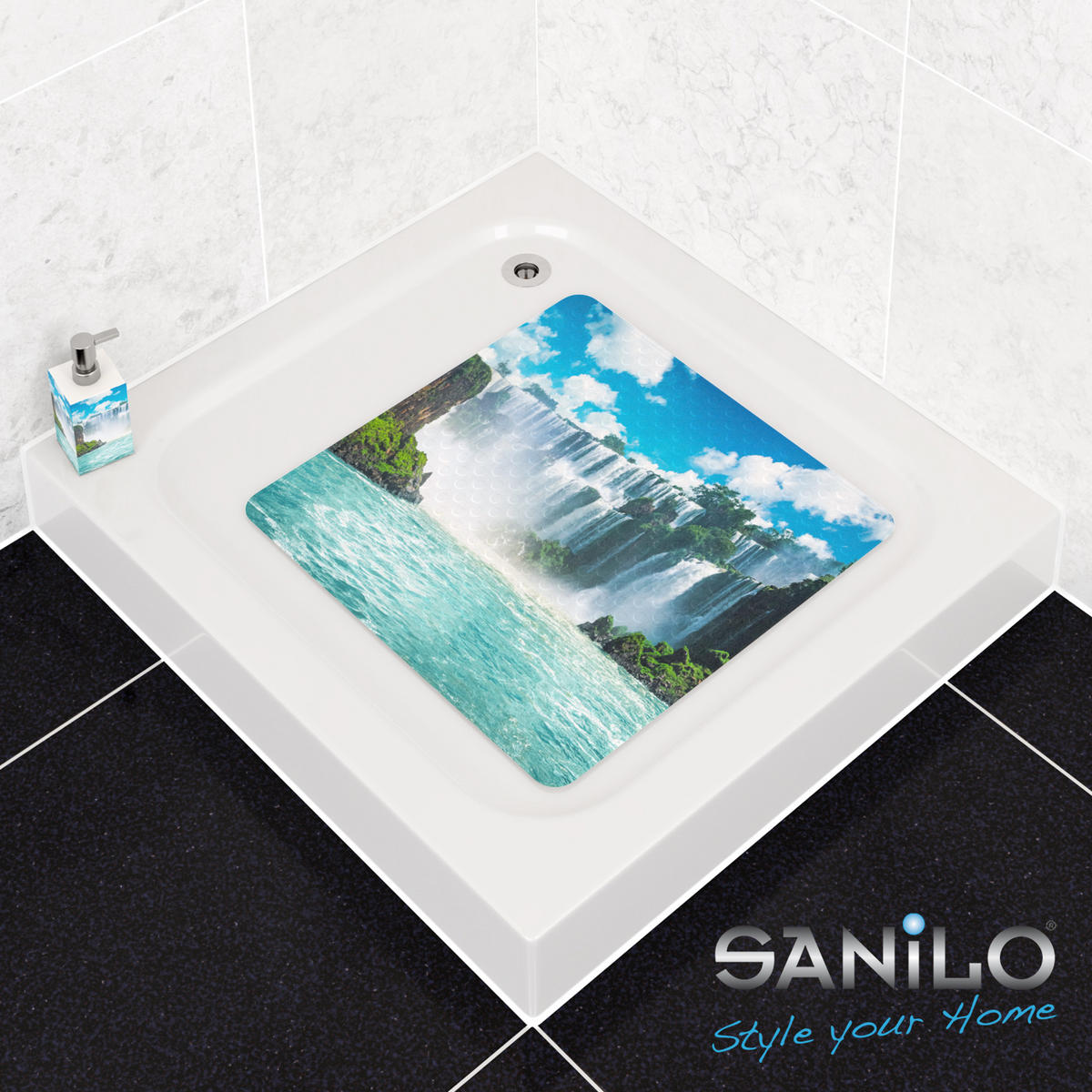 BADEMATTE Wasserfall - Blau, Kunststoff (53/53cm) - Sanilo