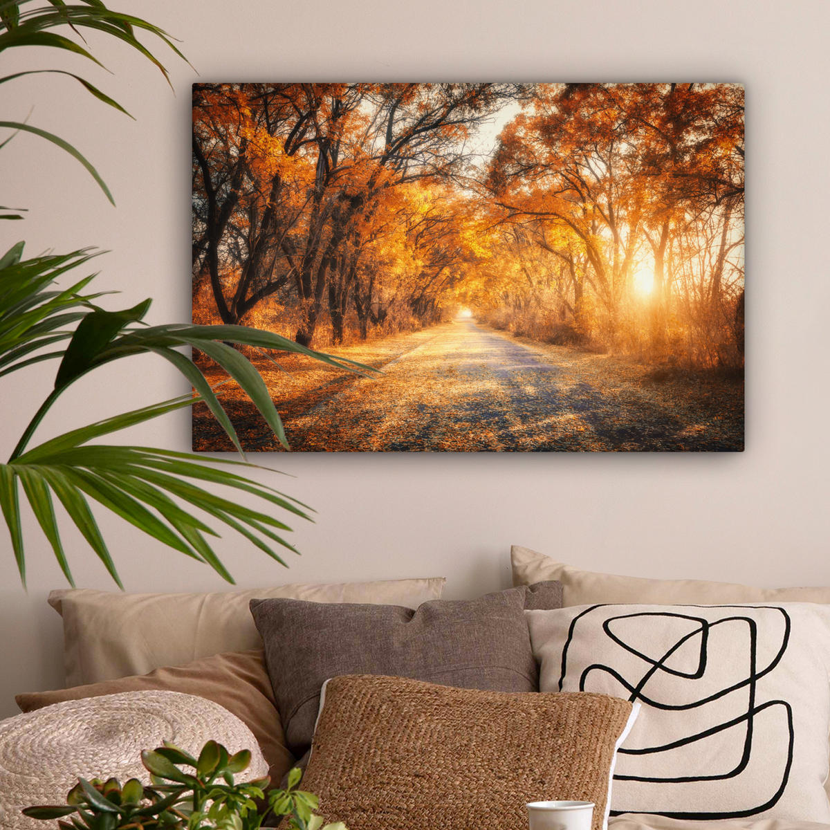 LEINWANDBILD Wald - Herbst - Bäume - Waldweg - Natur Gemälde 60x40 cm - Bernsteinfarben, Textil (60/40cm) - MuchoWow