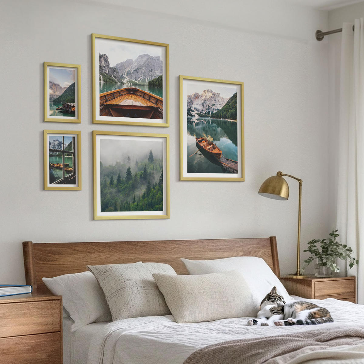WANDBILDER 5er Set - 50x50 cm & 20x30 cm & 40x60 cm Goldrahmen - Straßen, Häuser, Pflanzen, Töpfe - Goldfarben, Kunststoff (40/60cm) - ArtPrintCave