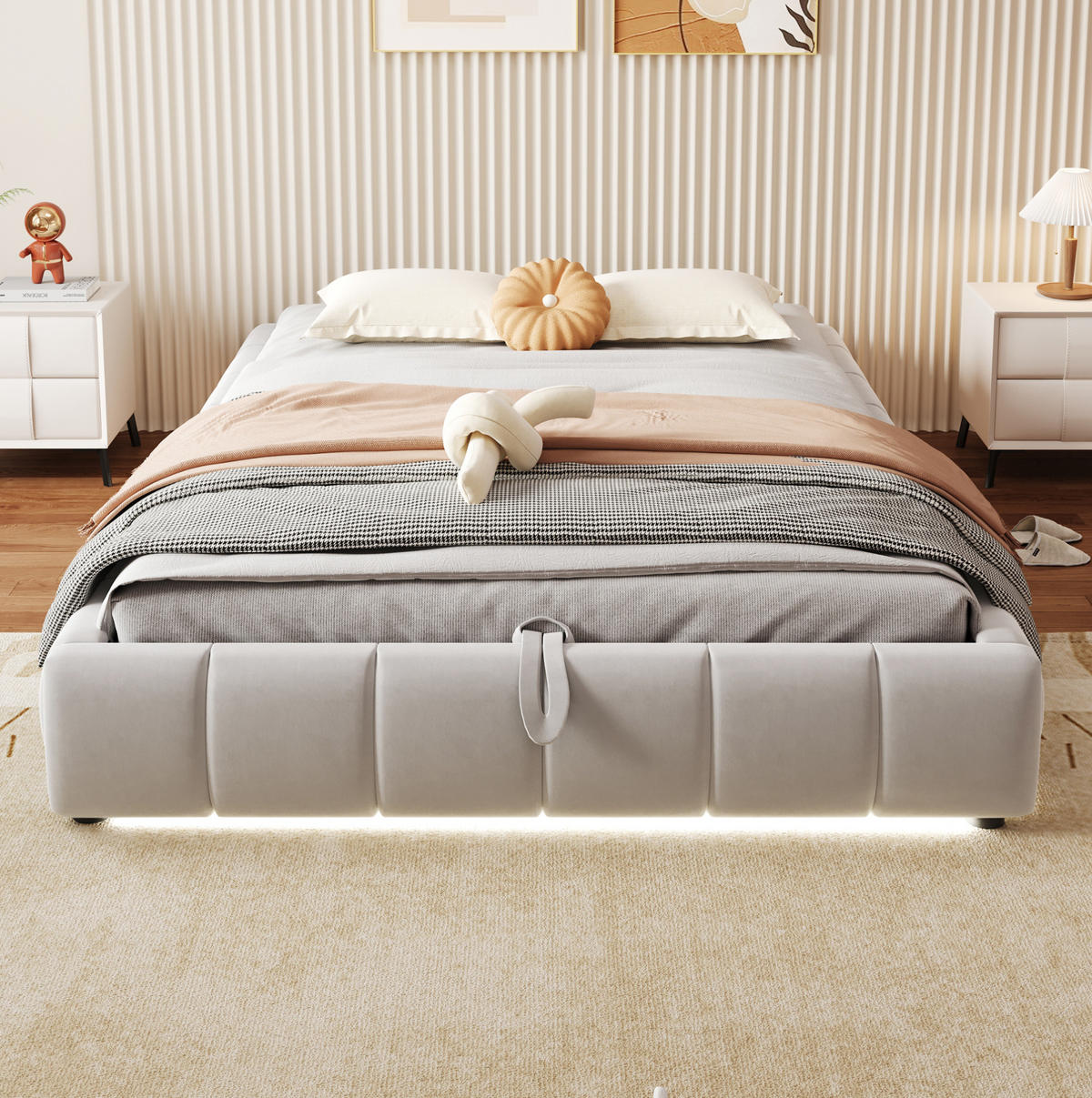POLSTERBETT mit LED-Beleuchtung 140/200 cm mit Bettkasten in Beige - Beige, Textil (140/200cm) - BEAOK