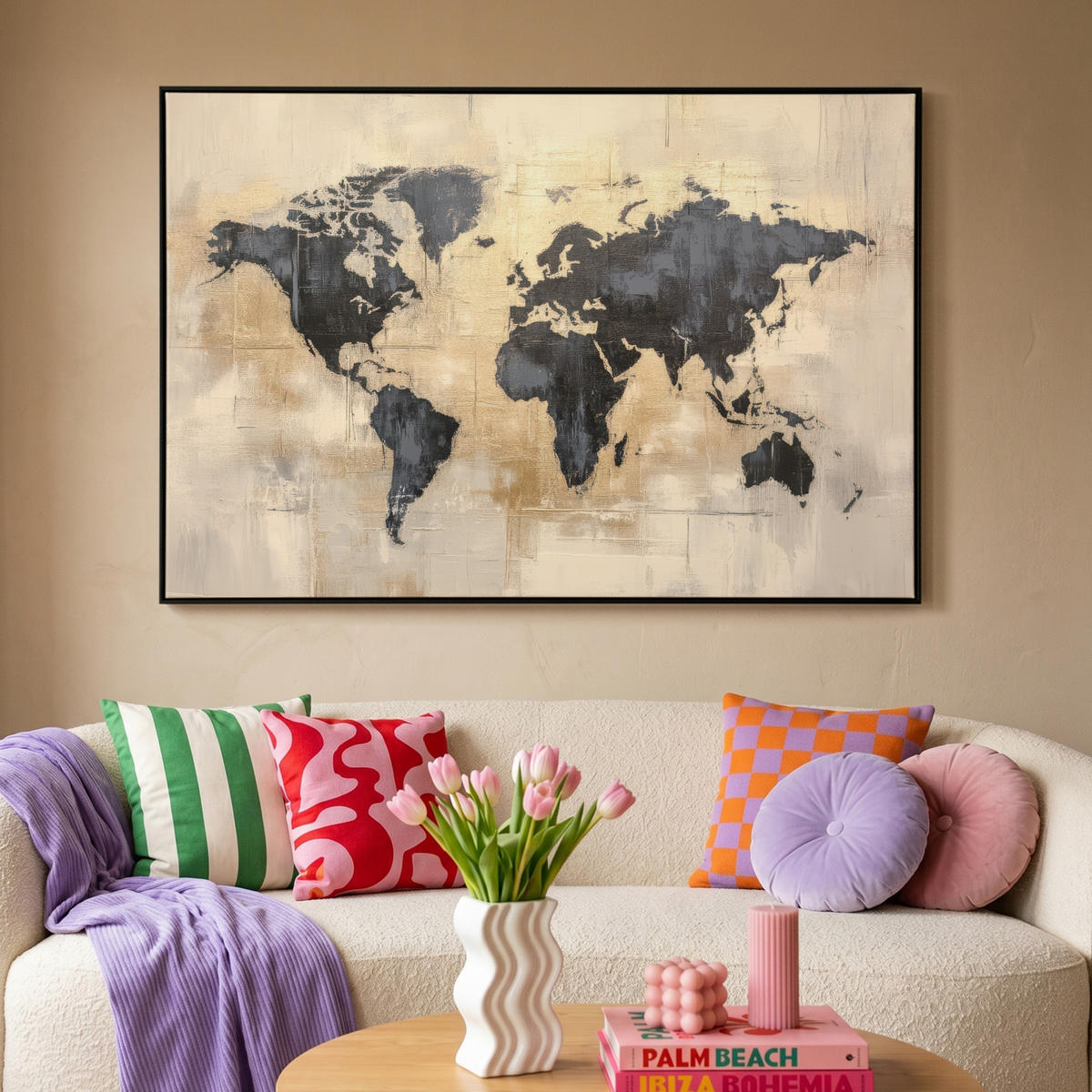 LEINWAND Bilder mit Rahmen - Weltkarte - Gold - Schwarz - Abstrakt - 150x100 - Kupferfarben, Textil (150/100cm) - MuchoWow