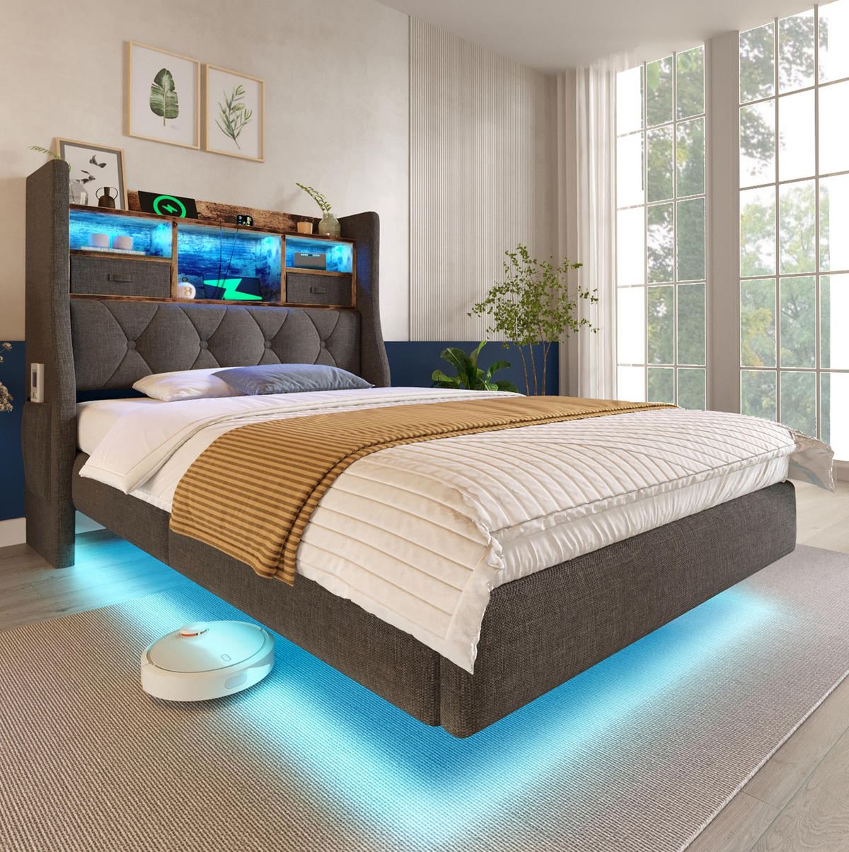 BETT mit LED und Ladestation 90x200 cm Leinen Gray mit Matratze - Grau, Holzwerkstoff (90/200cm) - Meubliv