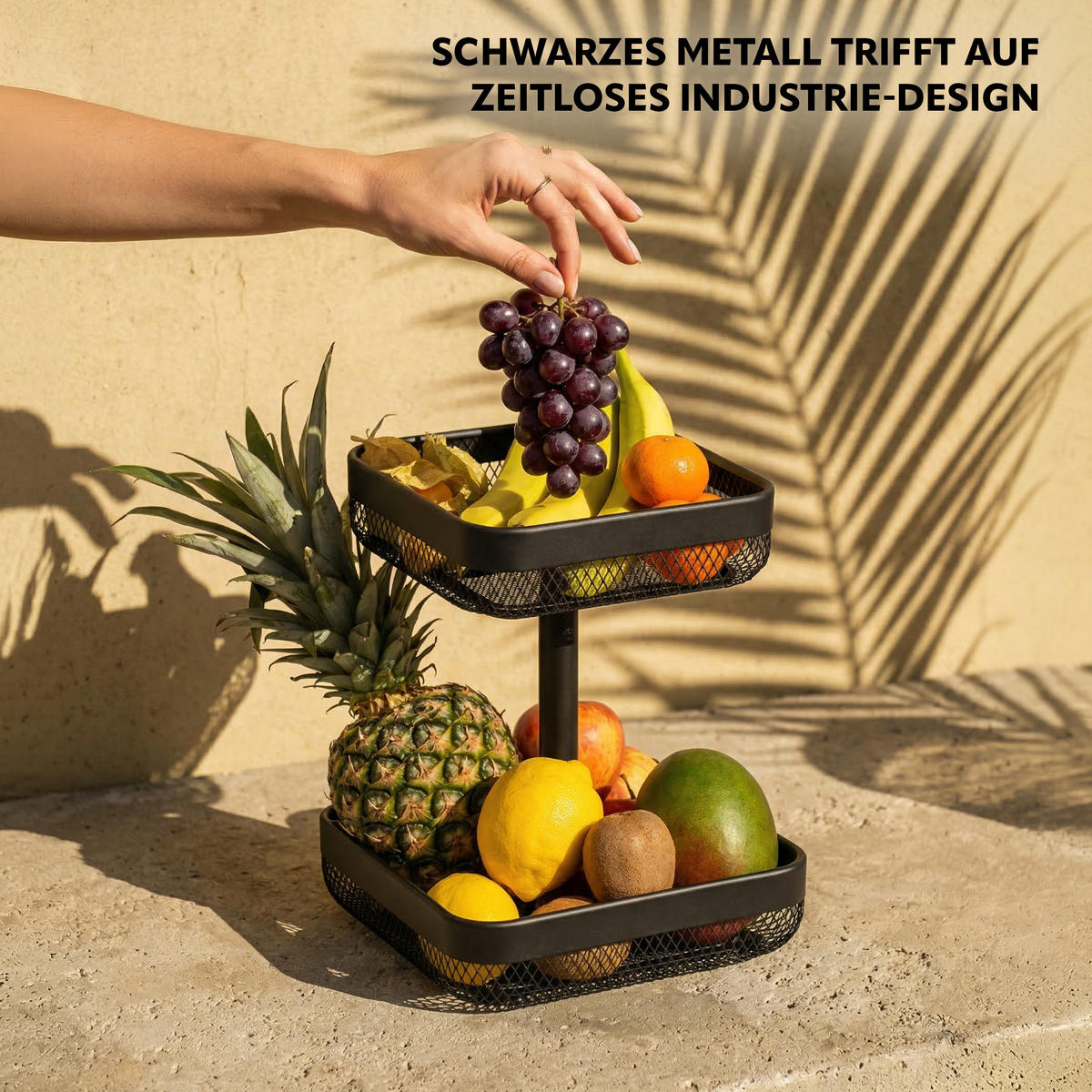 OBSTETAGERE, eckig, 2-stöckig, Ø 20 cm und 25 cm, schwarz, Metall - Schwarz, Metall (30cm) - eluno