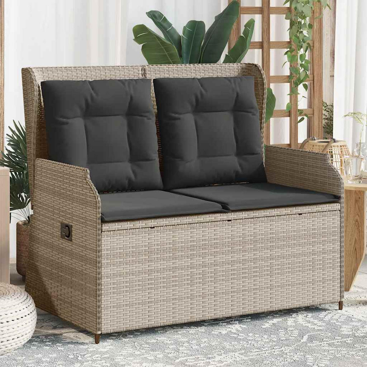 GARTENBANK Verstellbar mit Kissen Hellgrau Poly Rattan - Grau, Kunststoff (95/95/110cm)