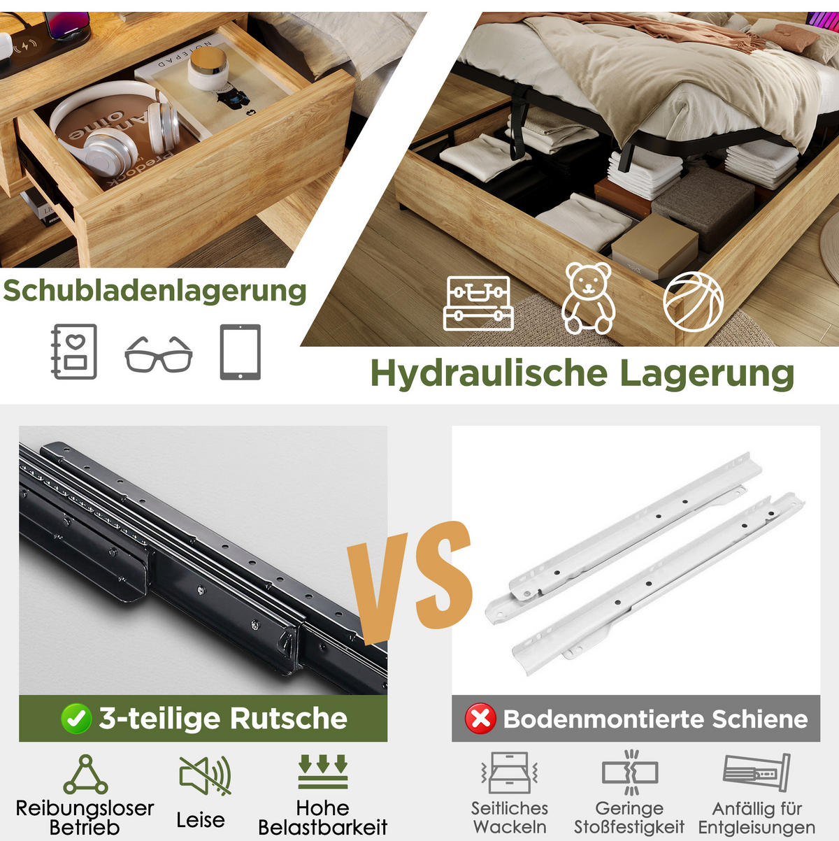 POLSTERBETT 180/200 cm Eiche aus MDF und Metall mit Stauraum und Ladestation - Eichefarben, Holzwerkstoff (180/200cm) - OKMYHOME
