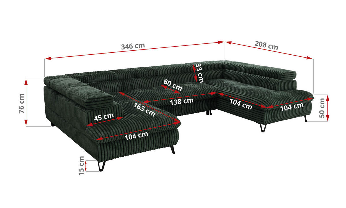 WOHNLANDSCHAFT PABLO U Cord Dunkelgrün mit Topper T25 - Schwarz/Grün, Textil/Metall (346/76/208cm) - MKS