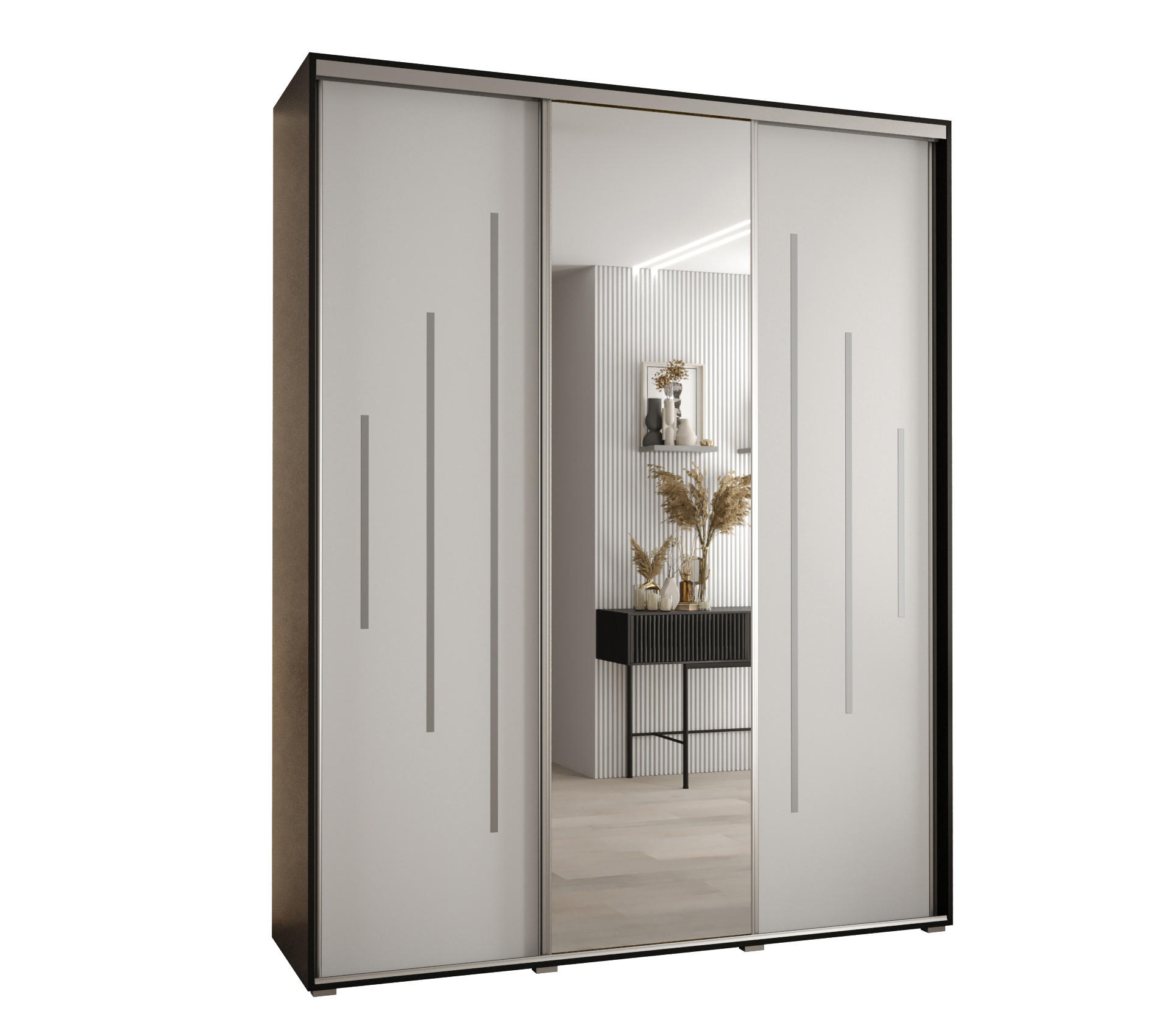 Abiks Möbel Schwebetürenschrank Schwarz, Weiß, Silber 200x235x45 cm