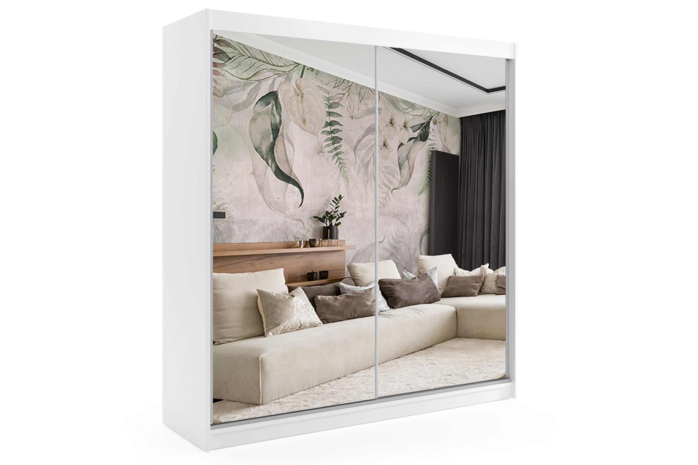 ALTDECOR ŠATNÍ SKŘÍŇ s zrcadlovými posuvnými dveřmi a hliníkovými lamelami, LED osvětlení – DEBI – 200 cm bílá