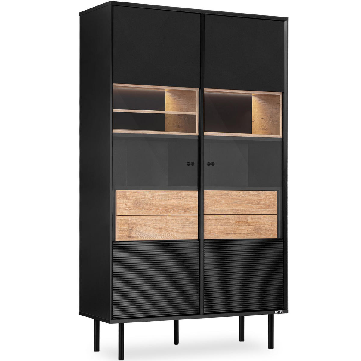 VITRINE LOFTY TV/Außenseiteneinlage, schwarz / Eiche natur - Eichefarben/Multicolor, Holzwerkstoff (102/174/41cm) - KONSIMO®