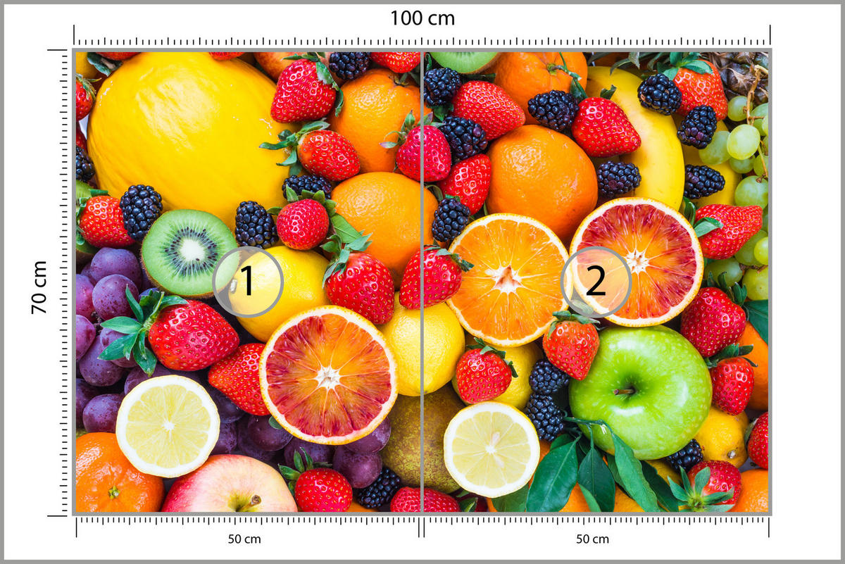 FOTOTAPETA Pre Kuchyňu Čerstvé Ovocie Jahody Pomaranče Citróny Farebná 100 x 70 cm - oranžová/žltá, papier (100/70cm) - Muralo