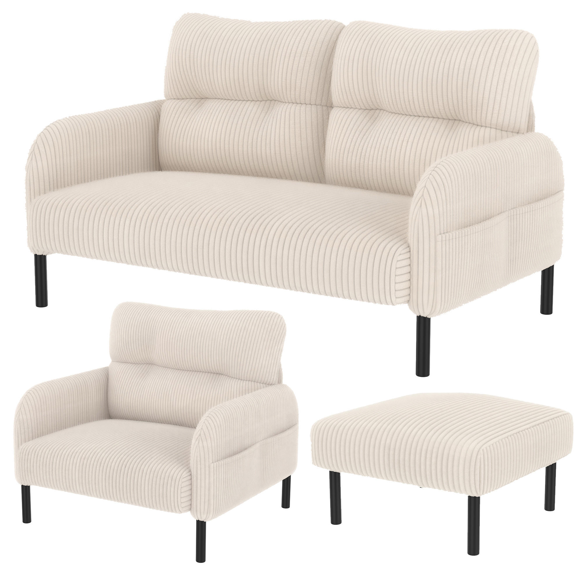 SOFA Set, 2-Sitzer+Sessel+Hocker, Cord, Beige - Beige/Schwarz, Textil/Metall (120/79/75cm) - LVHOM