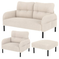 SOFA Set, 2-Sitzer+Sessel+Hocker, Cord, Beige - Beige/Schwarz, Textil/Metall (120/79/75cm) - LVHOM