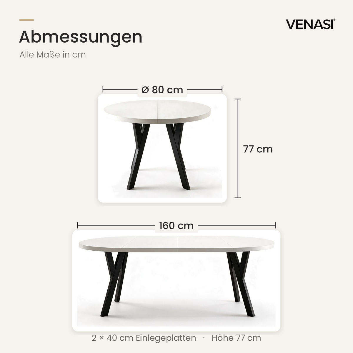 ESSTISCH ausziehbar rund 80-160 cm ATO Weiß, Auszugstisch mit Einlegeplatte - Schwarz/Weiß, Holzwerkstoff (80/80/77cm) - VENASI MÖBEL