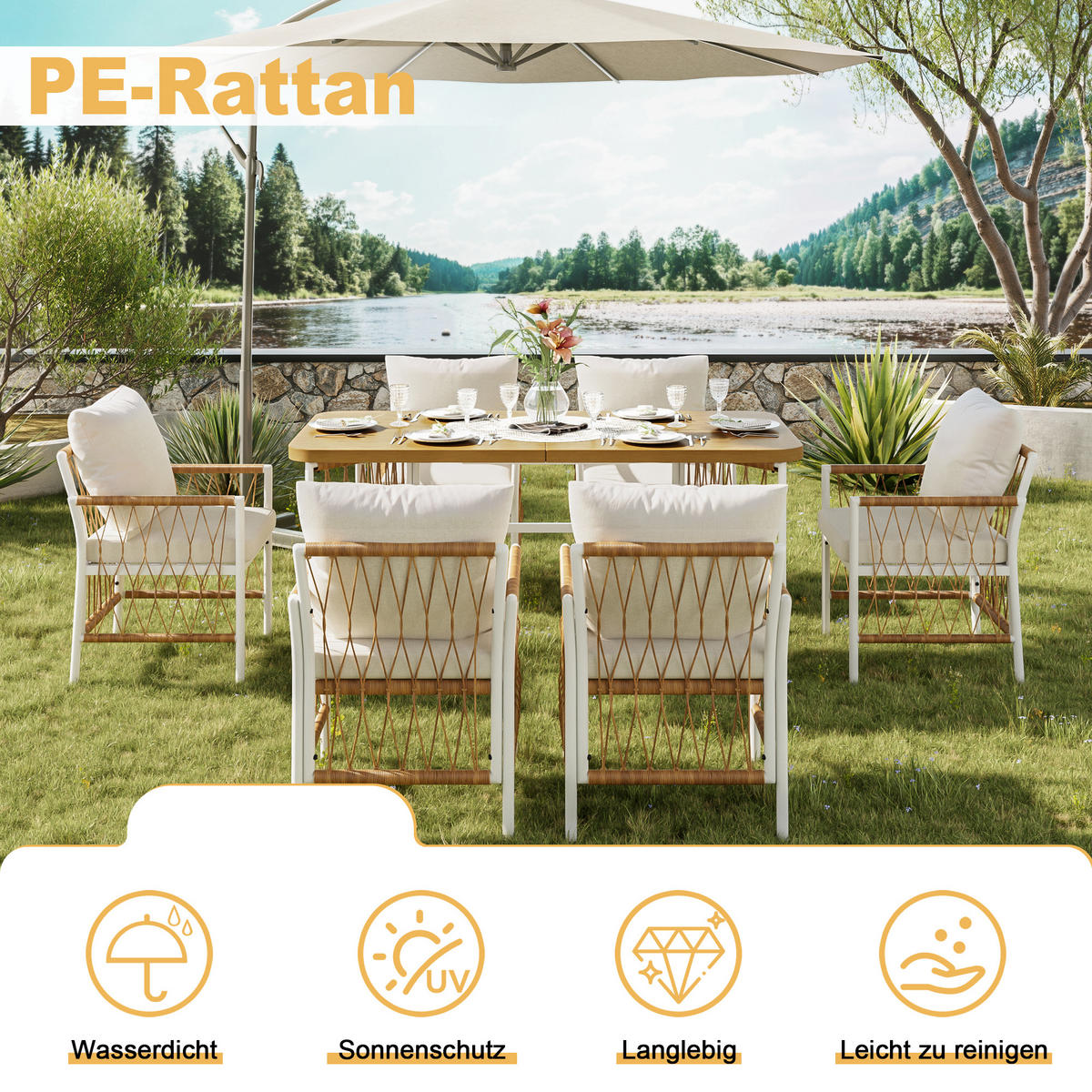 GARTENMÖBEL-SET 159,5/77,5/75 cm beige braun natur aus Eisen und Polyester mit Tisch und 6 Stühlen - Beige, Metall - OKWISH