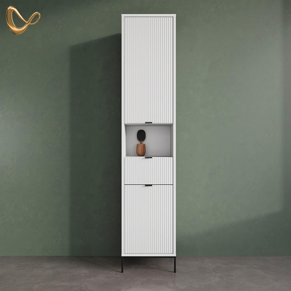 BADSCHRANK ATERNO Weiß 40 x 190 cm mit Türen, und Schublade - Weiß, Holzwerkstoff (40/190/35cm) - Livinity®