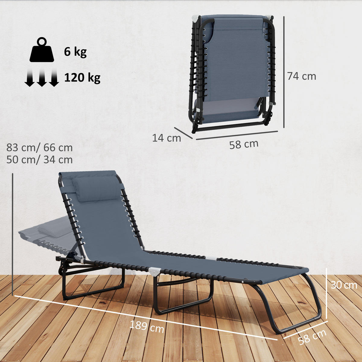 KLAPPBARE Sonnenliege mit 4-fach verstellbarer Rückenlehne, wetterfeste Camping- und Gartenliege bis 120 kg, Grau - Grau, Metall (189/30/58cm)