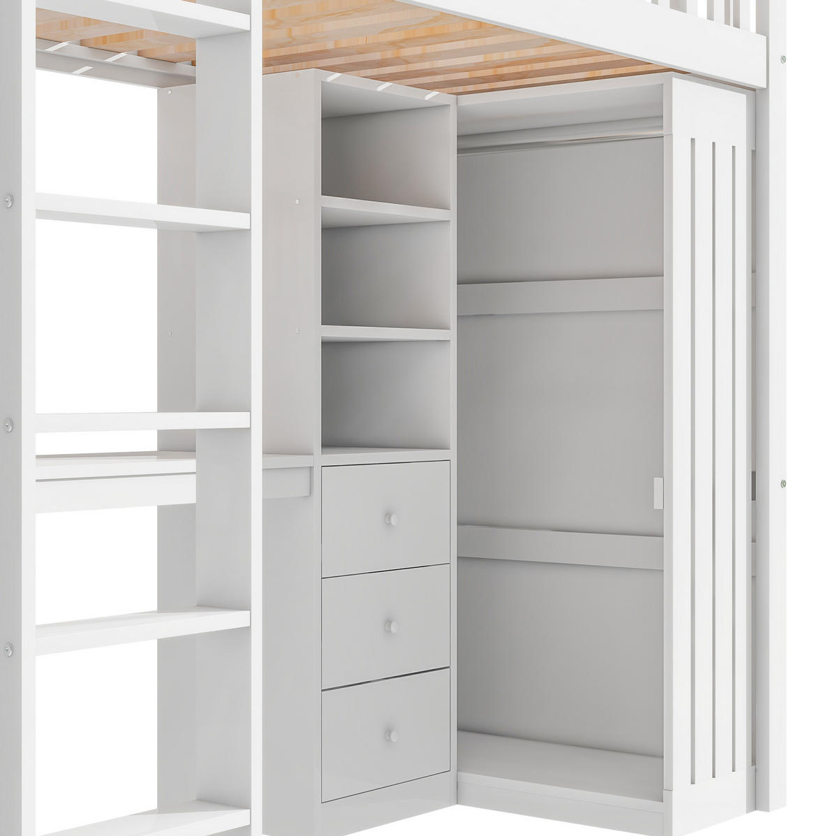 VYSOKÁ posteľ 90/200 cm biela z borovice a MDF s písacím stolom šatníkom 3 zásuvkami a schodmi - biela, drevo (90/200cm) - OKWISH